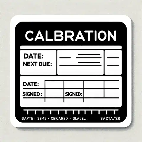 A printable calibration label template printable rectangular label with the words 'CALIBRATION CALIBRATED' in bold black letters at the top. Below that, there are lines labeled 'Date ', '