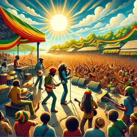 Island Record Label Illustration of a vibrant reggae concert scene capturing the spirit of Bob Marley and the rich reggae culture associated with Island Records