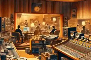 Island Record Label Illustration of a vintage recording studio from the 1960s, filled with analog equipment such as tape machines, microphones, and mixing