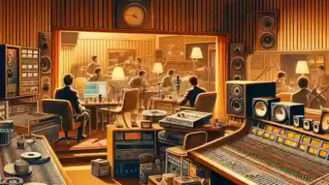 Island Record Label Illustration of a vintage recording studio from the 1960s, filled with analog equipment such as tape machines, microphones, and mixing