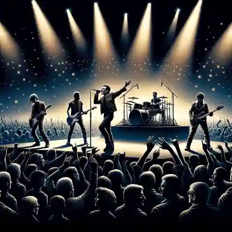 Island Record Label Illustration of an iconic rock concert featuring a band similar to U2, performing on a grand stage with dramatic lighting