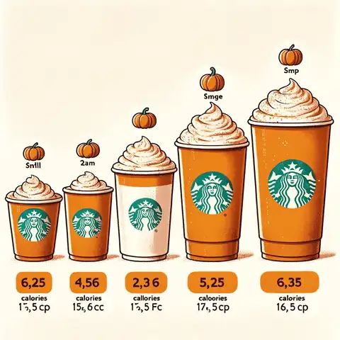Pumpkin spice latte nutrition label An infographic showing the calorie content of different sizes of Pumpkin Spice Latte (PSL), from small to large