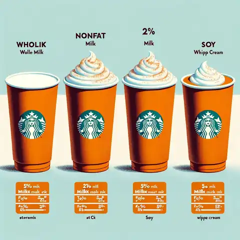 Pumpkin spice latte nutrition label different milk options in Pumpkin Spice Latte, showing cups with whole milk, nonfat milk, 2% milk, and soy milk