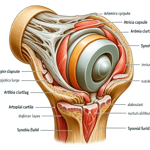 Synovial Joint Label An educational illustration depicting the anatomy of a synovial joint. Highlight the key structures including the articular capsule, articular cartila