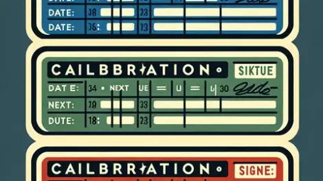 Three different calibration label template each with a simple rectangular design and fields for date, next due, and signature