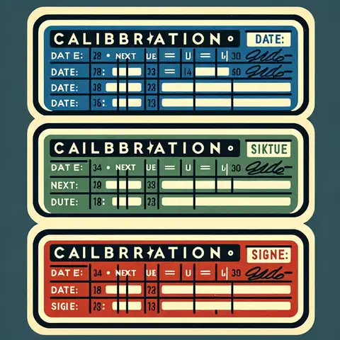 Three different calibration label template each with a simple rectangular design and fields for date, next due, and signature