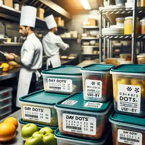 A kitchen in a busy restaurant showing chefs using Day Dots Labels on food containers