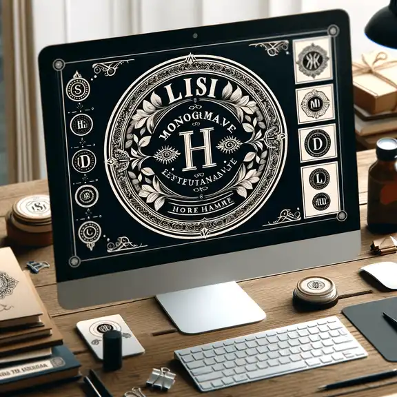 A monogram label template displayed on a computer screen, showing a customizable design with initials and decorative elements