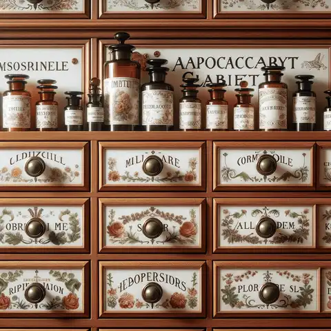 Apothecary Cabinet Labels - Apothecary Labels Template for labelling drawers or shelves in an apothecary cabinet, enhancing organization and style