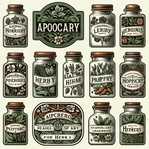 Apothecary Labels for Herbs Labels designed for herb jars, featuring names of different herbs and decorative illustrations