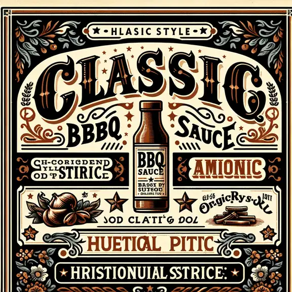 BBQ Sauce labels Template Classic Style BBQ Sauce Label Featuring intricate borders resembling old fashioned posters, historical fonts like hand written script, a color palett