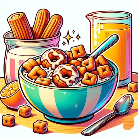 Cinnamon Toast Crunch Food Label A colorful, cartoon style illustration depicting a bowl of Cinnamon Toast Crunch cereal with a spoon
