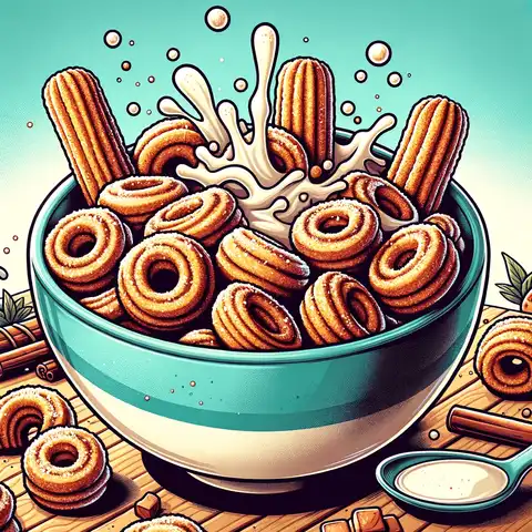 Cinnamon Toast Crunch Food Label A vibrant, cartoon style illustration showing a bowl of Cinnamon Toast Crunch Churros