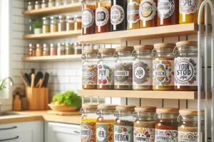 Condiments Label Printable A kitchen with an organized spice rack and pantry, showing jars and bottles neatly labeled with colorful and fun printable condiment labels