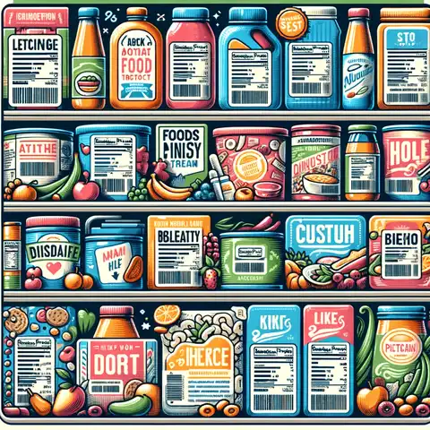 Dissolvable Labels Printable Free Illustration of a variety of packaged food products with dissolvable labels in a grocery store setting