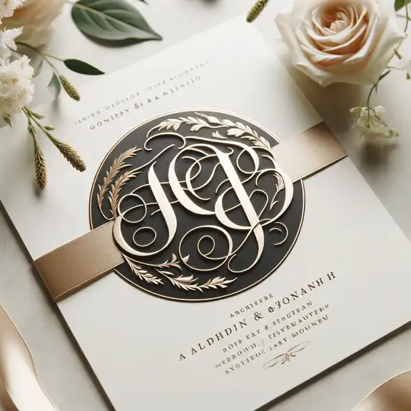 Elegant monogram labels on wedding invitations, showcasing a couple's initials in a sophisticated script font