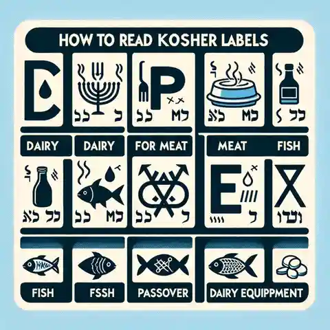 Kosher Food Labels How to read kosher labels, highlighting symbols such as D for dairy, M for meat, F for fish, P for Passover, and DE for da