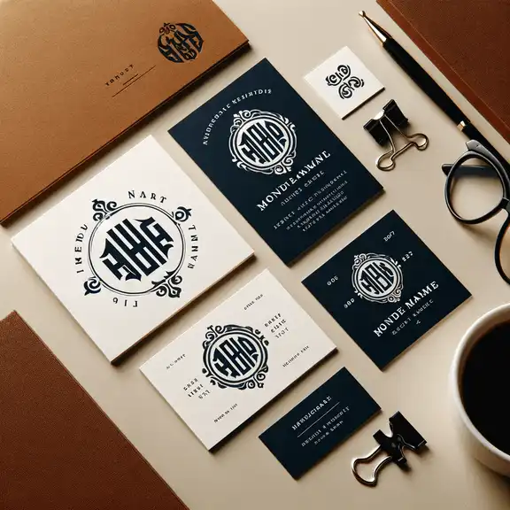 Monogram labels on business cards, representing professional branding with stylish initials