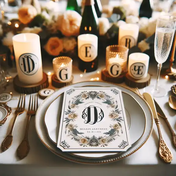 Monogram labels used as party decorations, adding a personalized flair to the event setting