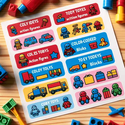 Printable Toy Labels Color Coded Toy Labels Labels using different colors for various types of toys, like red for action figures and blue for blocks