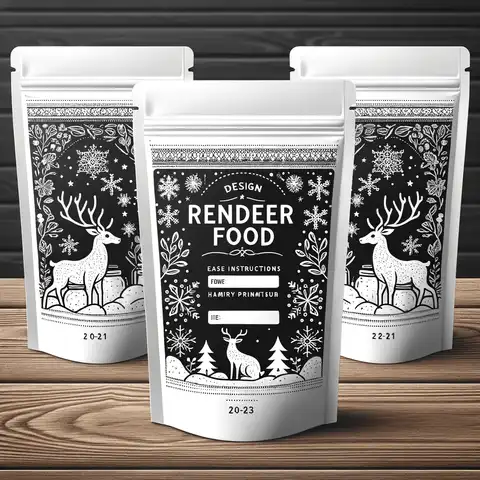 Reindeer Food Labels to Print Free A design for a reindeer food label in black and white, featuring a simple and elegant layout