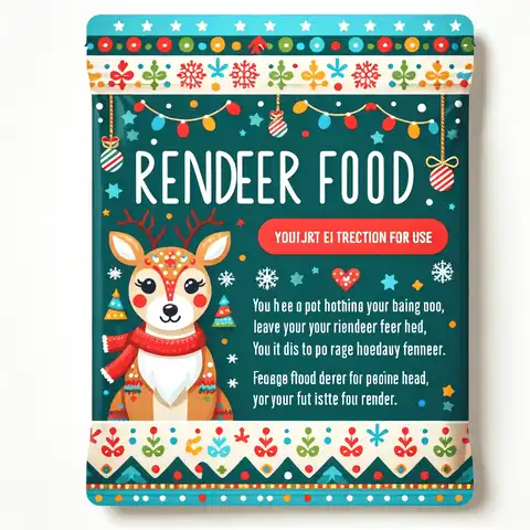 Reindeer Food Labels to Print Free Featuring festive elements such as an image of a reindeer, bright colors, and festive patterns