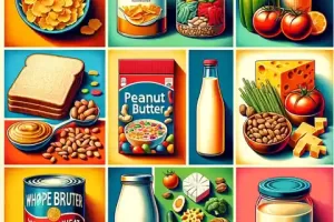 10 List of generic label food examples A vibrant collage featuring a variety of generic label food products including Frosted Flakes cereal, a jar of peanut butter, whole wheat bread, canne
