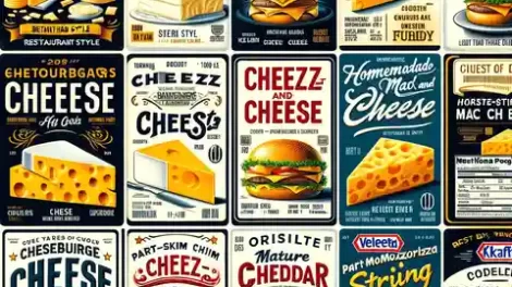 10 Popular Cheese Food Label Sample Avariety of cheese food labels, each showcasing a different type of cheese and its characteristics
