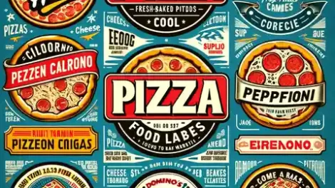 10 cool pizza food labels, each representing different types of pizzas and brands