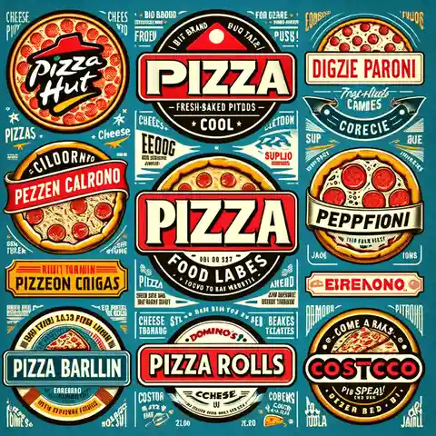 10 cool pizza food labels, each representing different types of pizzas and brands