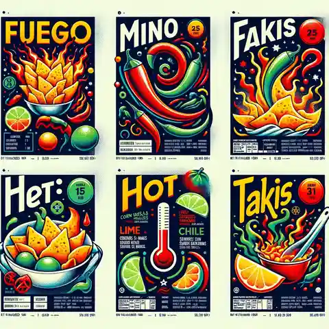 15 Different Takis Food Labels, Flavors and Sizes An illustrations depicting the following concepts in a stylized, abstract manner suitable for all audiences