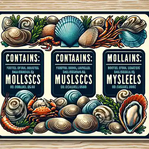Allergy Warning Label Example A food label for Contains Molluscs with illustrations of clams, mussels, and oysters