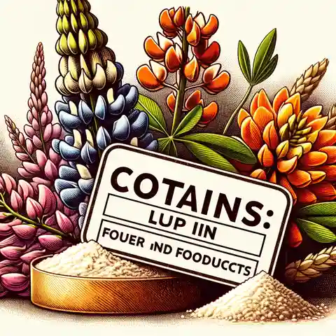 Allergy Warning Label Example A food label warning for Contains Lupin used in some flour and food products, with images of lupin flowers and lupin flour