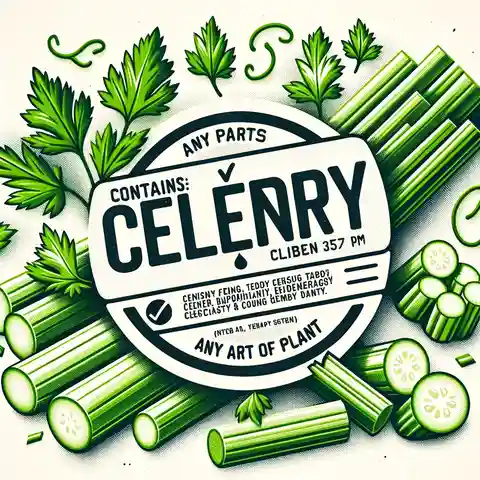 Allergy Warning Label Example Afood label notice for Contains Celery including any part of the plant, with visuals of celery sticks