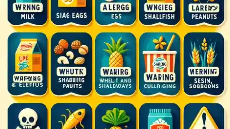 Allergy Warning Label Example Various food allergy warning labels for common allergens, including labels for milk, eggs, fish, shellfish, tree nuts, pean