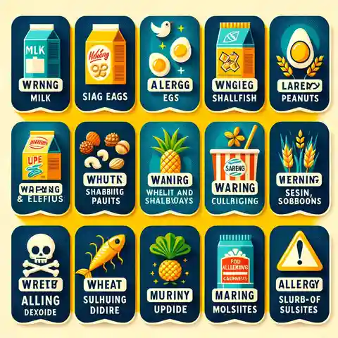 Allergy Warning Label Example Various food allergy warning labels for common allergens, including labels for milk, eggs, fish, shellfish, tree nuts, pean