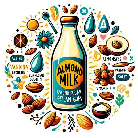 Almond Milk Food Labels A bottle of almond milk surrounded by its main ingredients