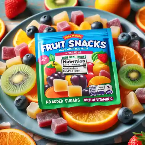 Child Nutrition Label Example and PFS Requirements A selection of fruit snacks made from real fruits, displayed with a Child Nutrition label showcasing no added sugars