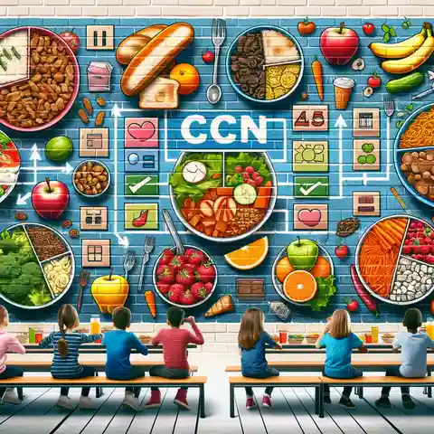 Child Nutrition Label Example and PFS Requirements Creative depiction of a school cafeteria with a variety of foods, each marked with CN labels