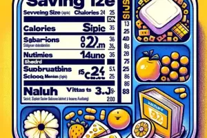 Child Nutrition Label Example and PFS Requirements Illustration of a CN label zoomed in, showing details like serving size, calories, sugar content, and vitamins