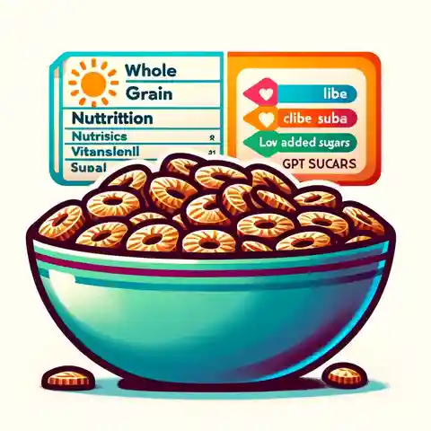 Child Nutrition Label Example and PFS Requirements Illustration of a bowl of whole grain cereals, fortified with vitamins and minerals