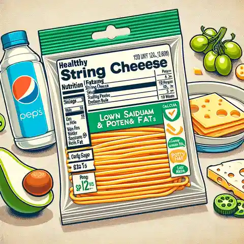 Child Nutrition Label Example and PFS Requirements Illustration of a package of string cheese with a Child Nutrition label indicating low sodium and fat content