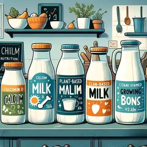 Child Nutrition Label Example and PFS Requirements Illustration of milk and plant based milk alternatives in containers