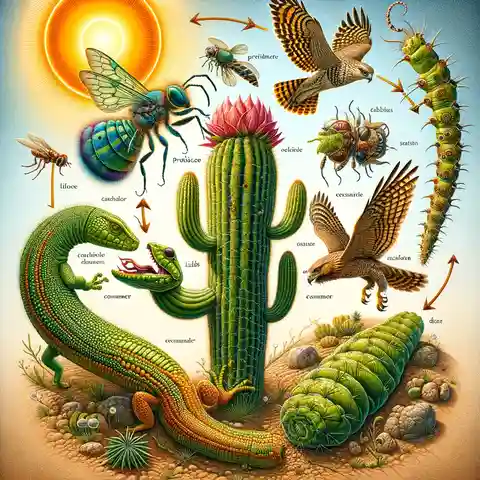 Food Chain With Labels - A desert ecosystem food chain. At the top, the sun blazes down intensely, serving as the energy source