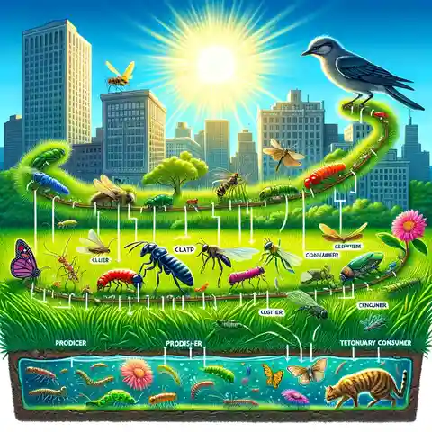 Food Chain With Labels - A detailed, vibrant illustration of an urban ecosystem food chain