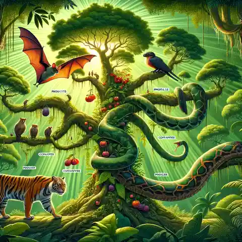 Food Chain With Labels - A lush, vibrant illustration of a tropical rainforest ecosystem food chain
