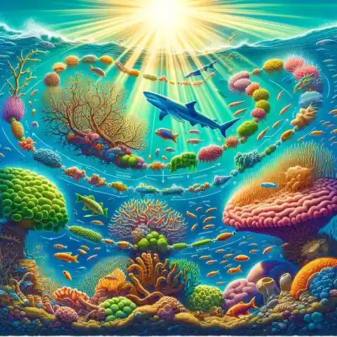 Food Chain With Labels - A vibrant, colorful illustration of a coral reef ecosystem food chain