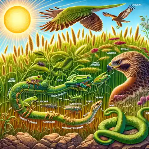 Food Chain With Labels - A vibrant, detailed illustration of a grassland ecosystem food chain