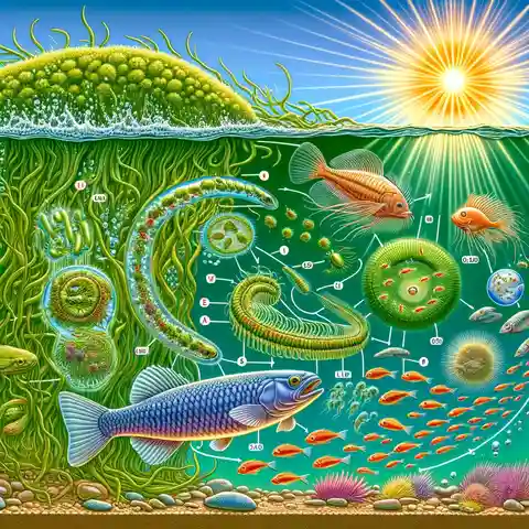 Food Chain With Labels - A vibrant, detailed illustration of an aquatic freshwater ecosystem food chain