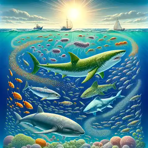 Food Chain With Labels - A vibrant, detailed illustration of an ocean ecosystem food chain